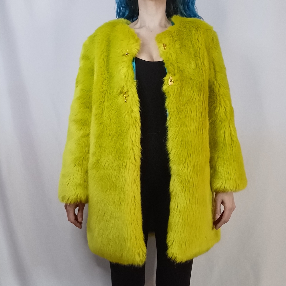 Chartreuse Faux Fur Coat with Teal Satin Lining. - Picture 3 of 8